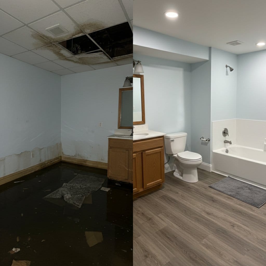 Before and after water damage restoration in Wyckoff split-level home bathroom