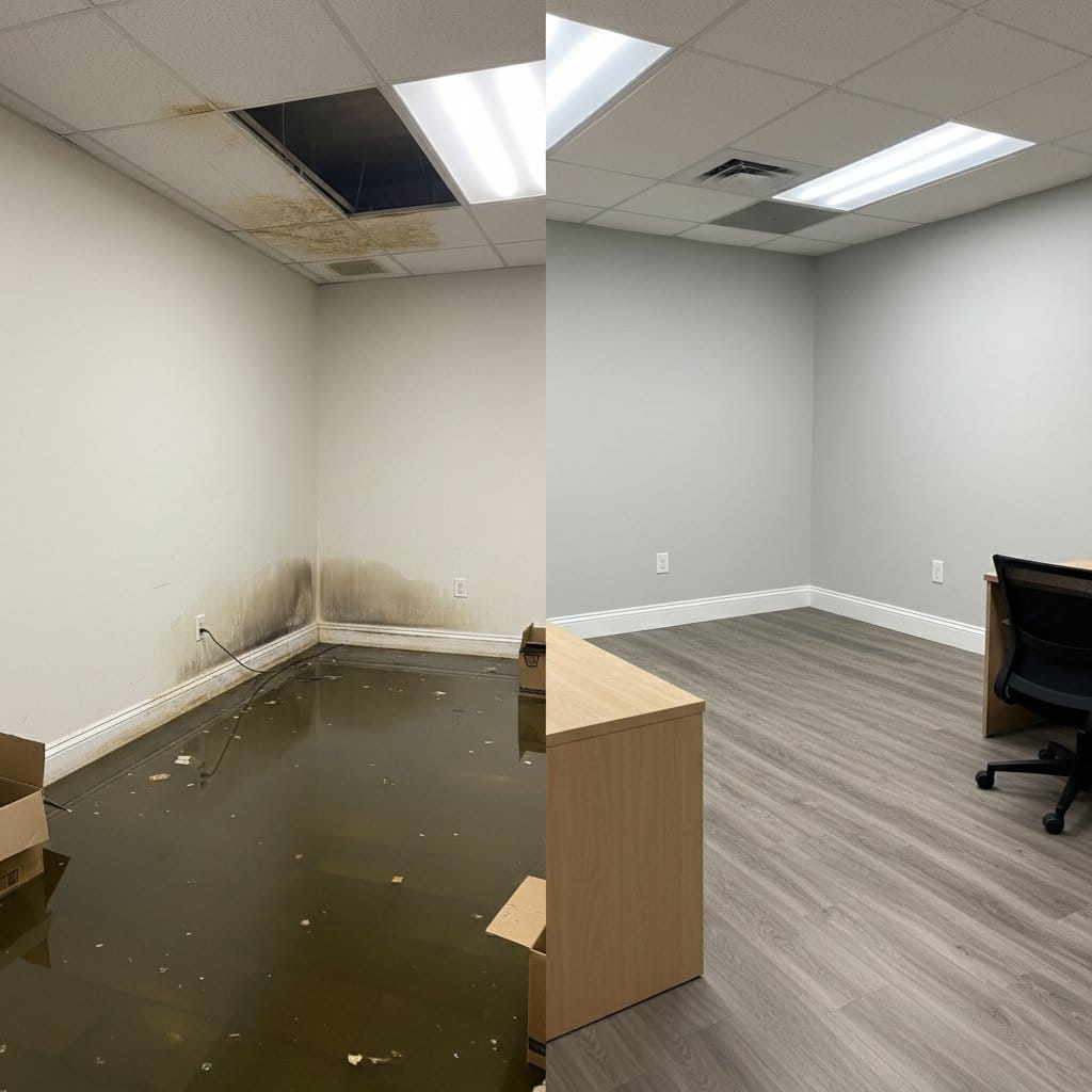 Emergency Water Removal restoration — commercial office space of Tudor home in Wyckoff, NJ