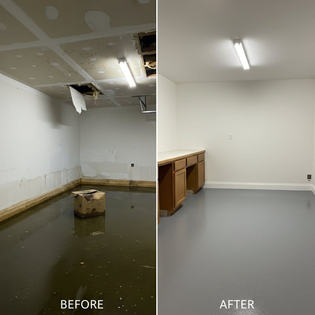 Basement Flood Cleanup before and after in garage, Wyckoff NJ