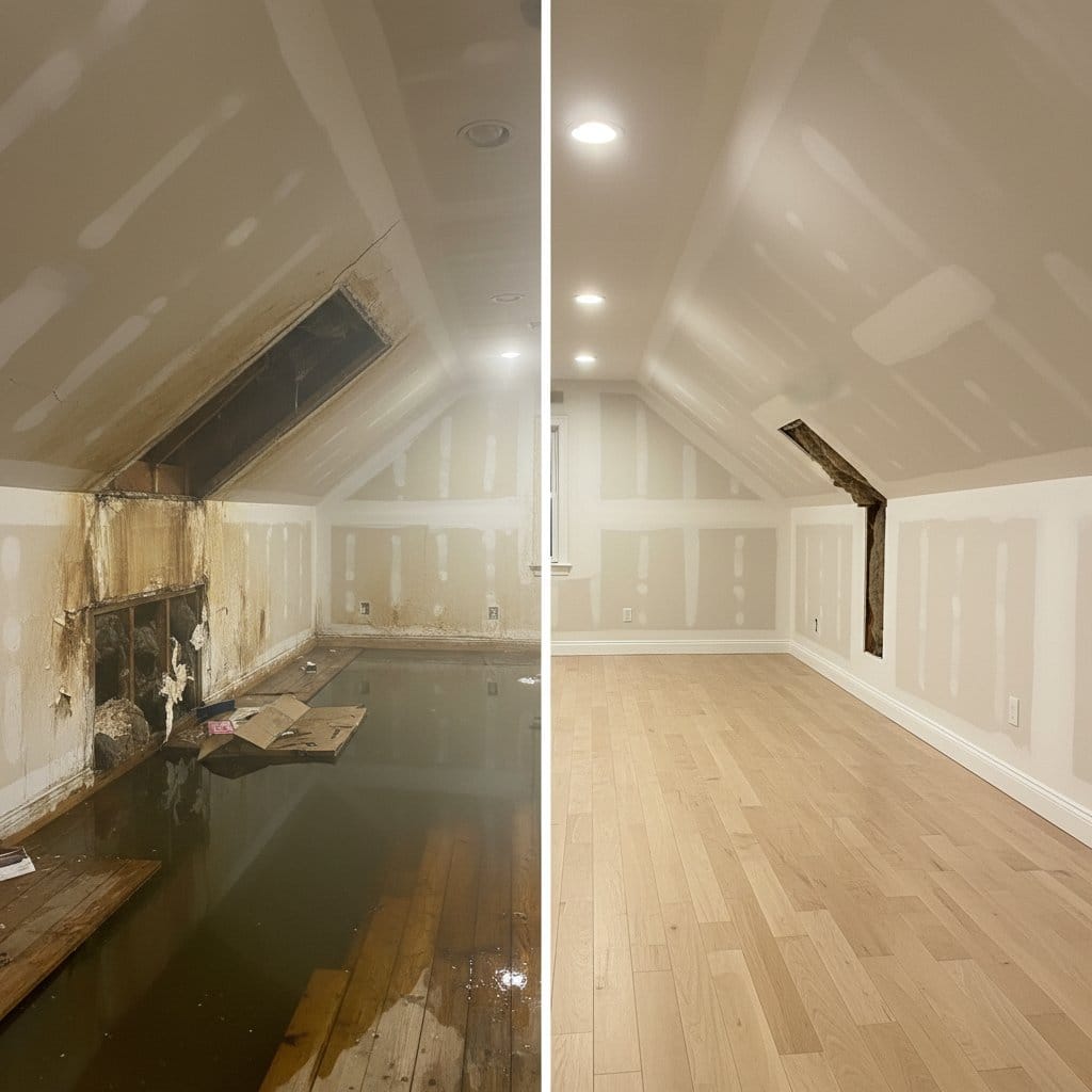 Before and after basement flood cleanup in Wyckoff commercial property attic space