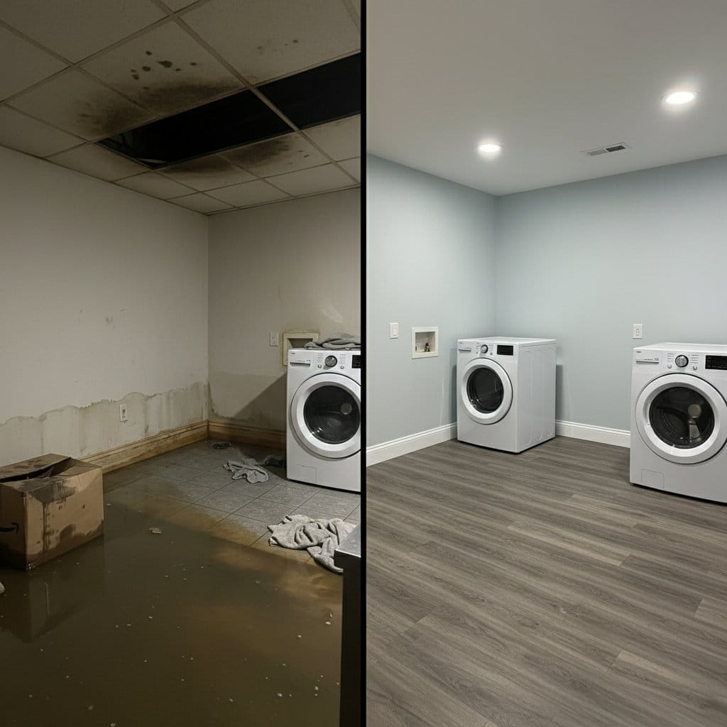 Burst Pipe & Plumbing Leak Damage restoration — laundry room of contemporary home in Wyckoff, NJ