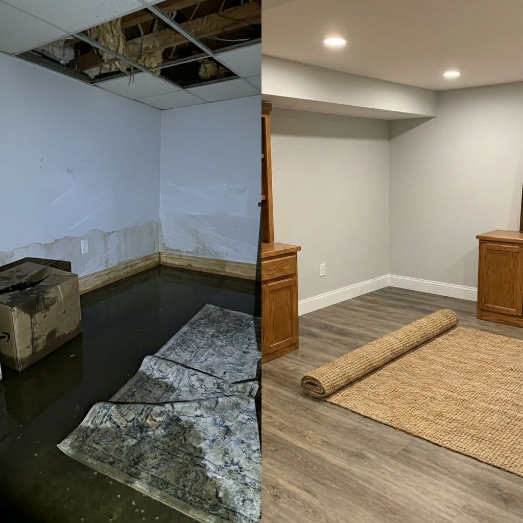 Sewage Backup Cleanup before and after in residential basement, Wyckoff NJ