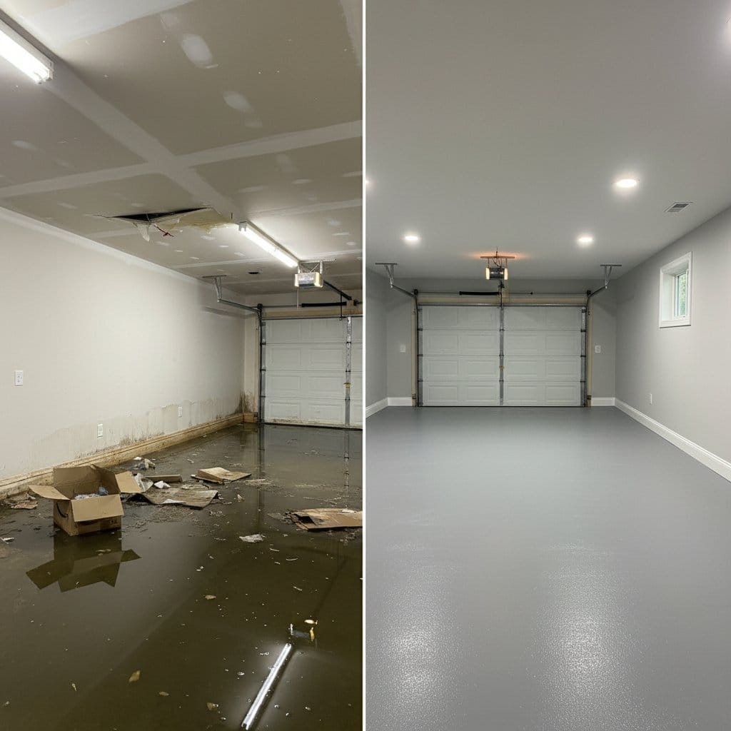 Carpet & Flooring Water Damage Cleanup before and after in garage, Wyckoff NJ