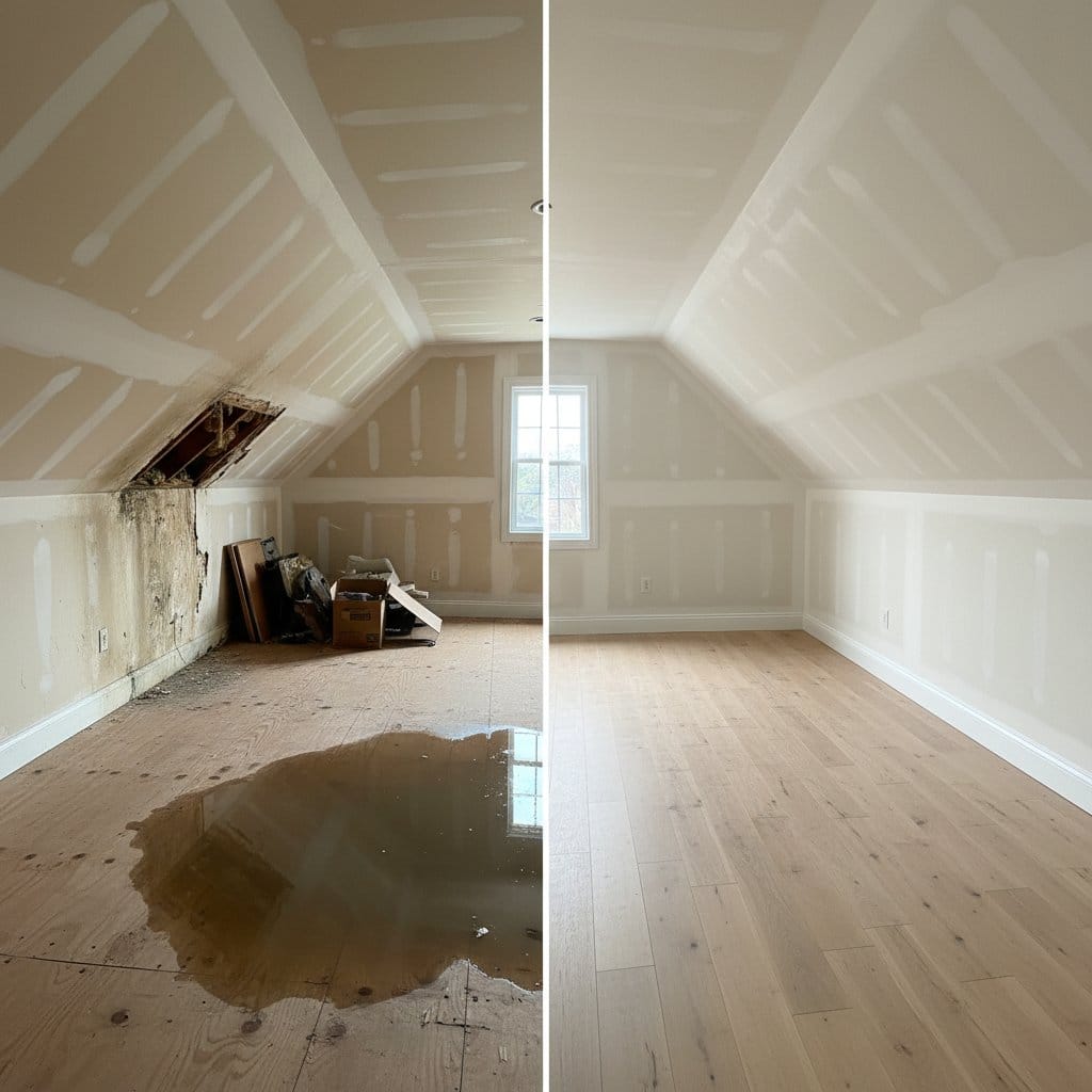Before and after carpet & flooring water damage cleanup in Wyckoff single-family home attic space