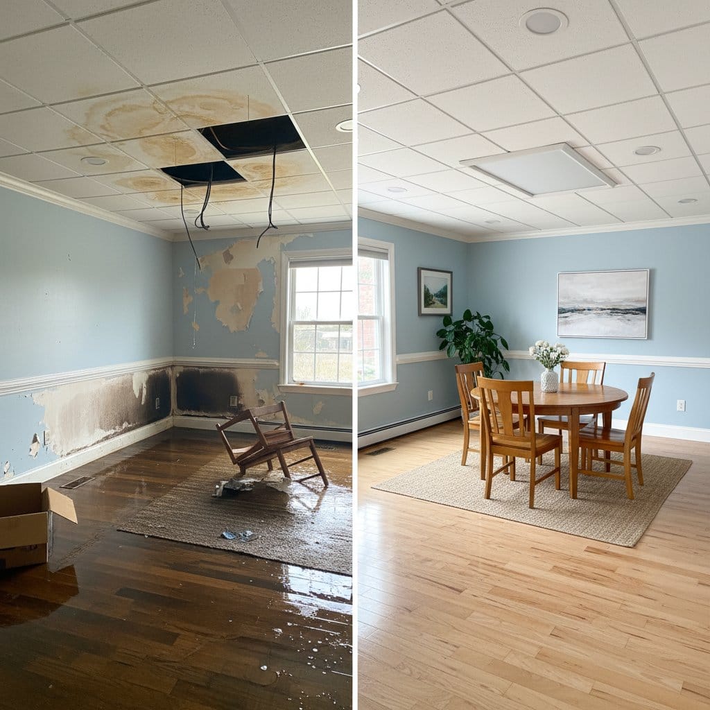 Before and after wall & ceiling dry-out in Wyckoff ranch-style home dining room
