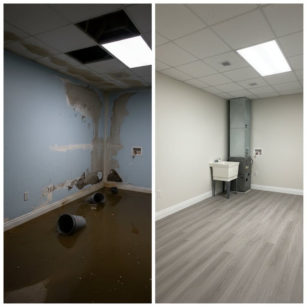 Content Drying & Property Cleanup restoration — utility room of private residence in Wyckoff, NJ