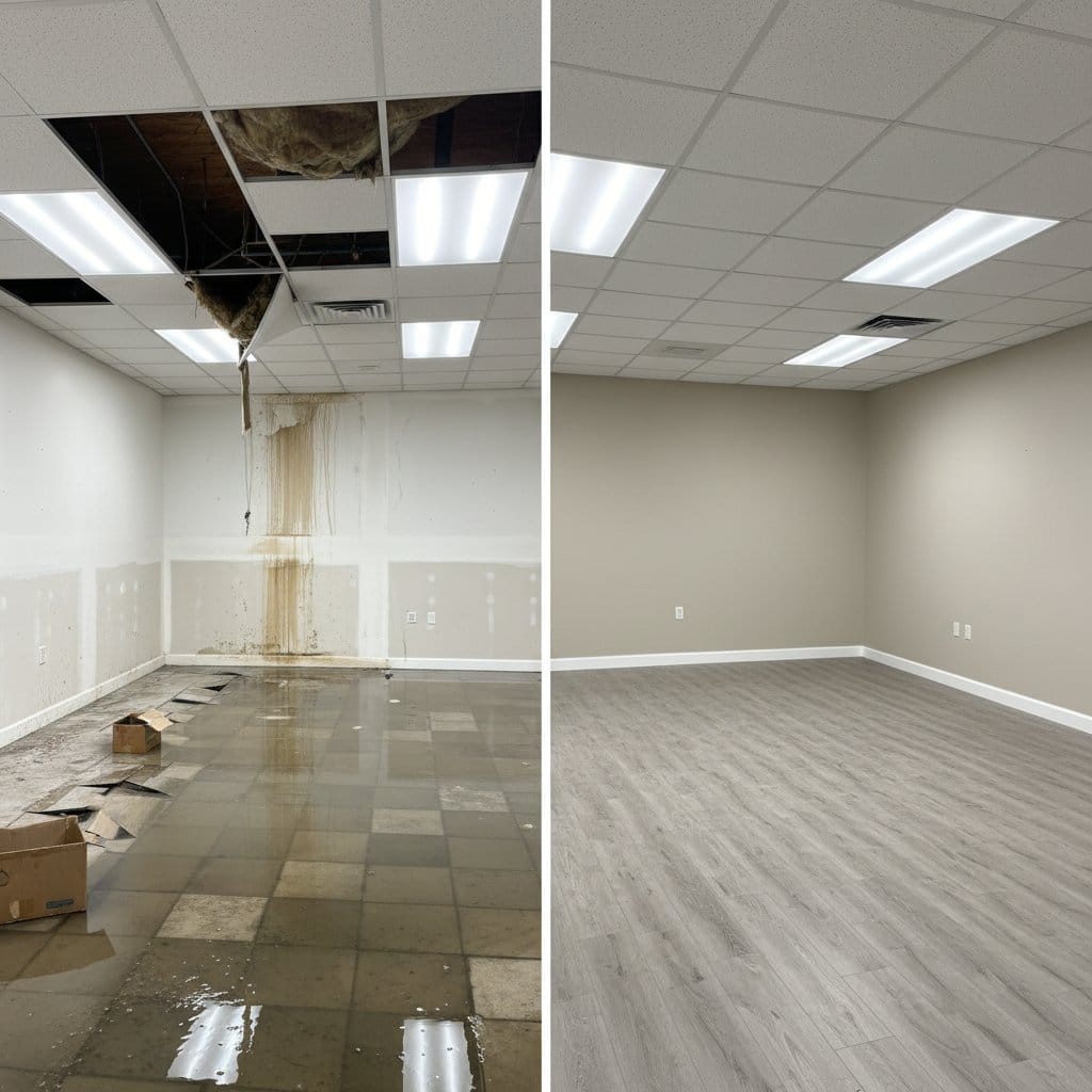 Before and after content drying & property cleanup in Wyckoff townhouse storefront interior